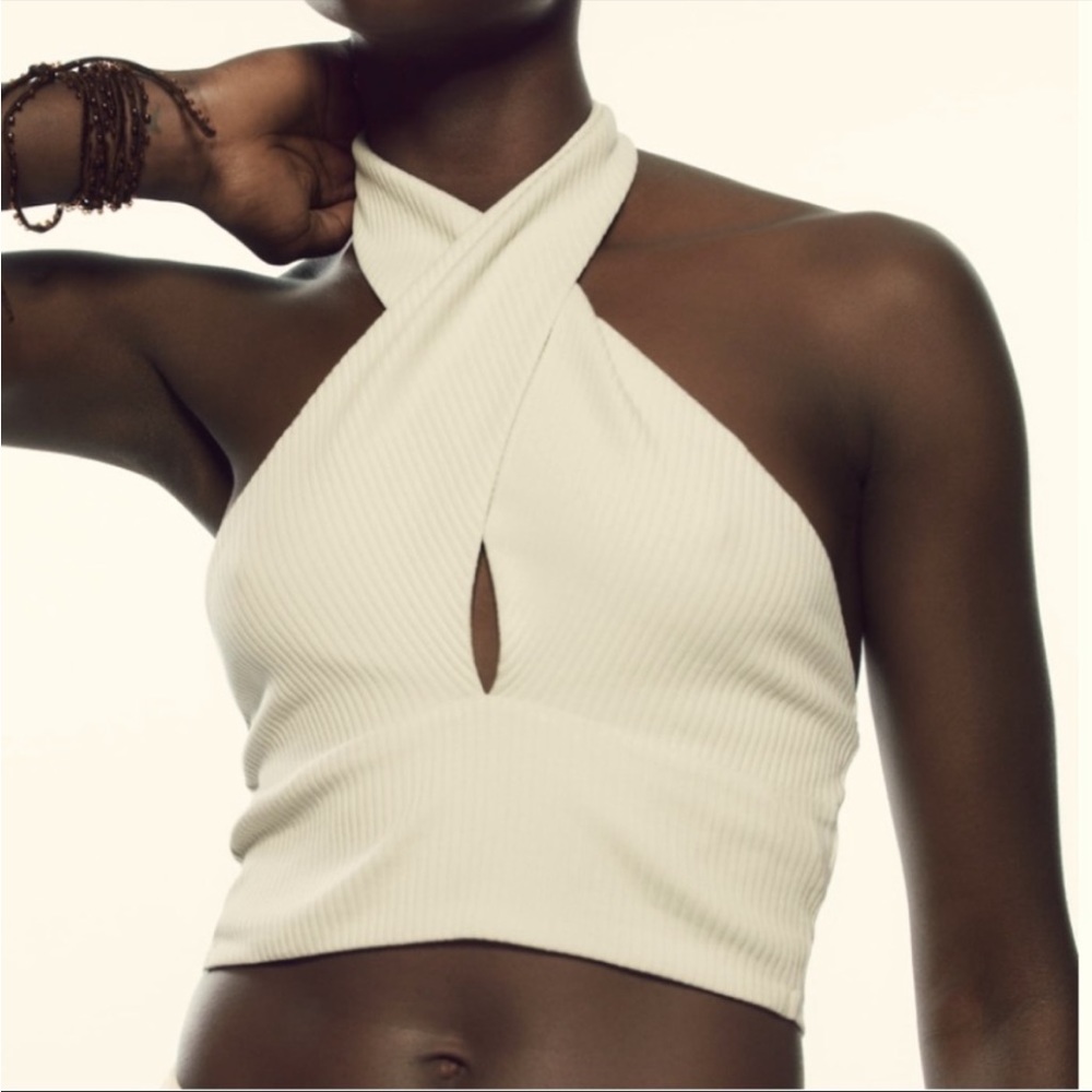 New Zara Beige Ripped Halter Top